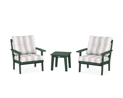 POLYWOOD® Oxford 3-Piece Deep Seating Set in Green / Cabana Stripe Dune Burlap