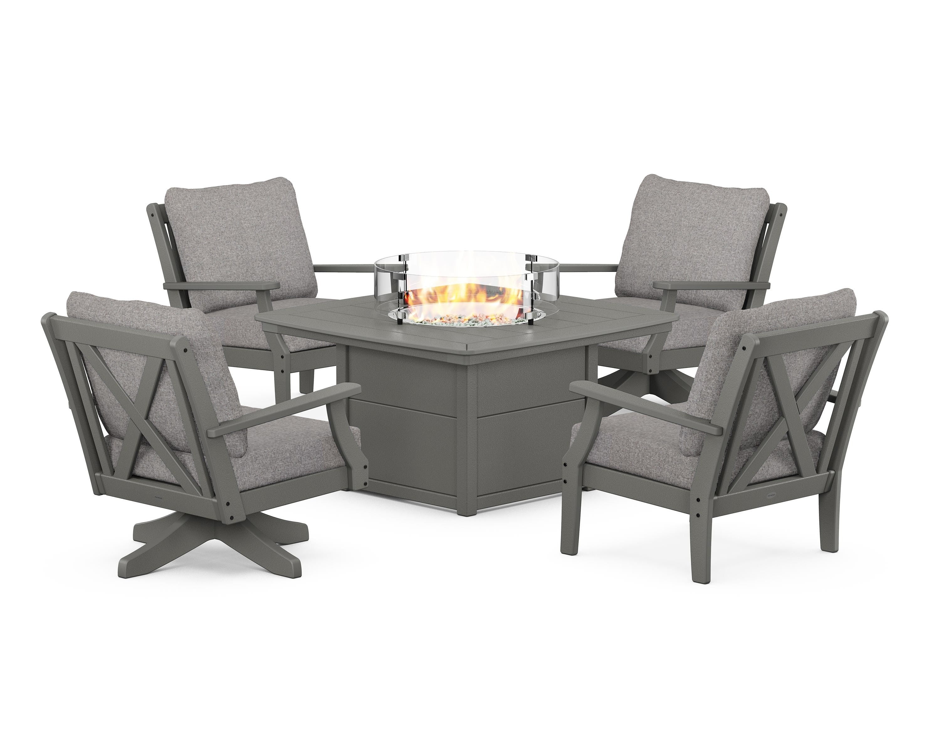 POLYWOOD® Braxton 5-Piece Deep Seating Set with Fire Table in Slate Grey / Grey Mist