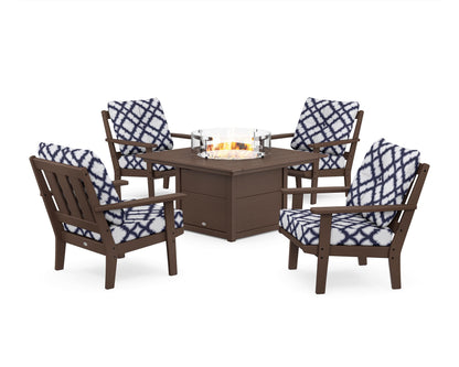 POLYWOOD® Oxford 5-Piece Deep Seating Set with Fire Pit Table in Mahogany / Trellis Navy