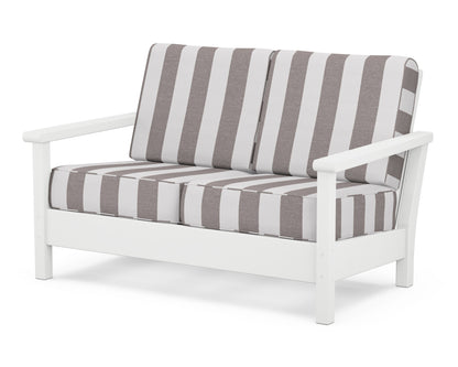 POLYWOOD® Harbour Deep Seating Loveseat in White / Cabana Stripe Grey Mist