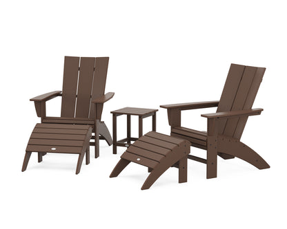 POLYWOOD® Modern Curveback Adirondack Chair 5-Piece Set with Ottomans and 18" Side Table in Mahogany