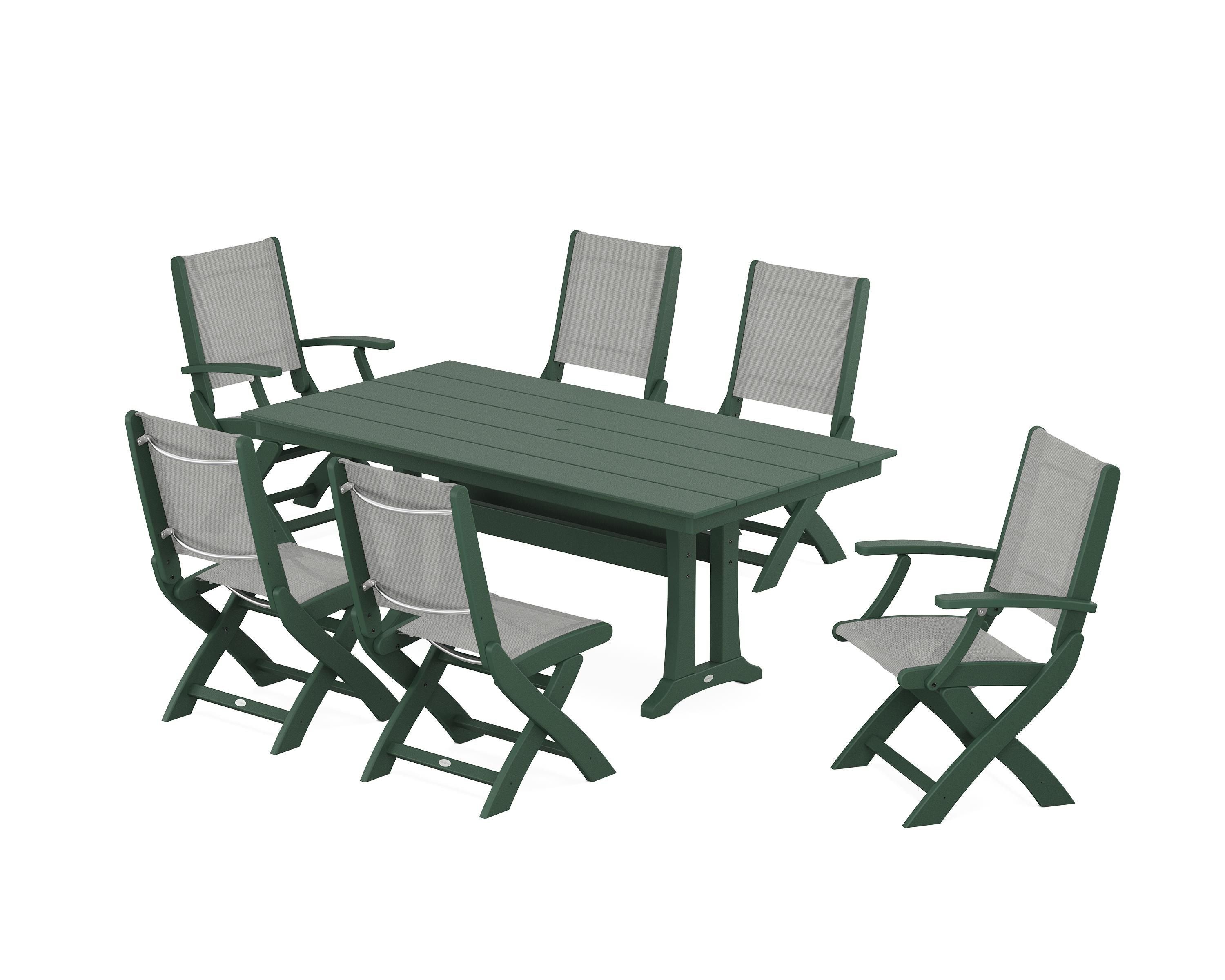 POLYWOOD® Coastal Folding Chair 7-Piece Farmhouse Dining Set with Trestle Legs in Green / Metallic Sling