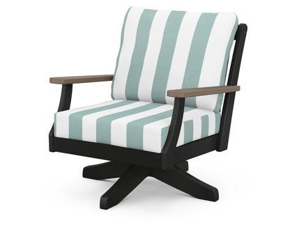 POLYWOOD® Braxton Deep Seating Swivel Chair in Black / Kona / Cabana Stripe Glacier Spa