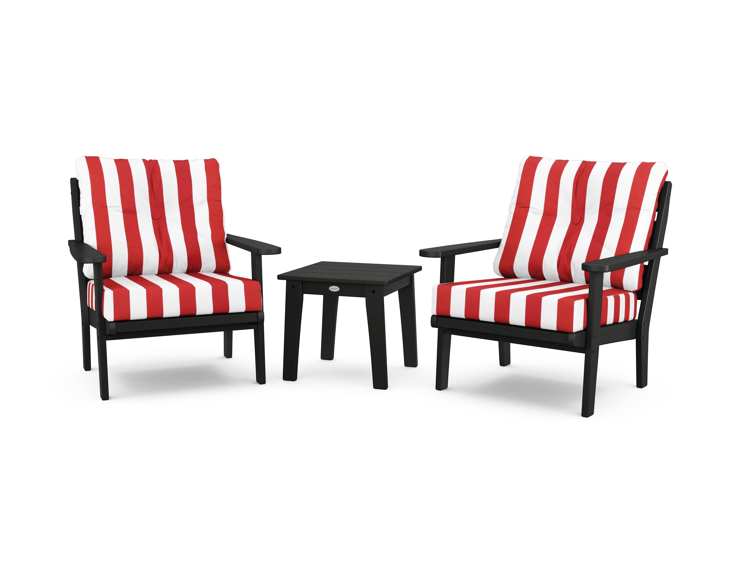 POLYWOOD® Lakeside 3-Piece Deep Seating Chair Set in Black / Cabana Stripe Crimson