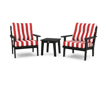 POLYWOOD® Lakeside 3-Piece Deep Seating Chair Set in Black / Cabana Stripe Crimson