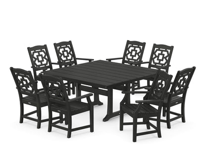 Martha Stewart by POLYWOOD® Chinoiserie 9-Piece Square Farmhouse Dining Set with Trestle Legs in Black