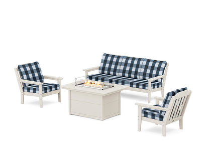 Country Living Cottage Deep Seating Fire Pit Table Set in Sand / Buffalo Plaid Marine Indigo