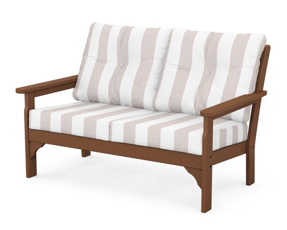 POLYWOOD® Vineyard Deep Seating Loveseat in Teak / Cabana Stripe Dune Burlap