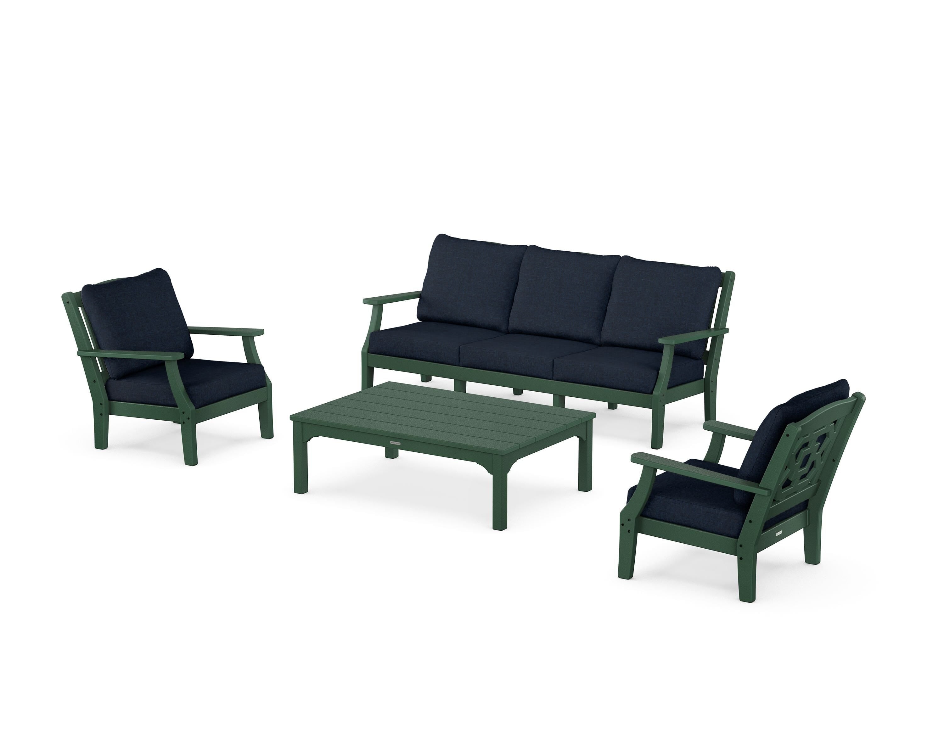 Martha Stewart by POLYWOOD® Chinoiserie 4-Piece Deep Seating Set with Sofa in Green / Marine Indigo