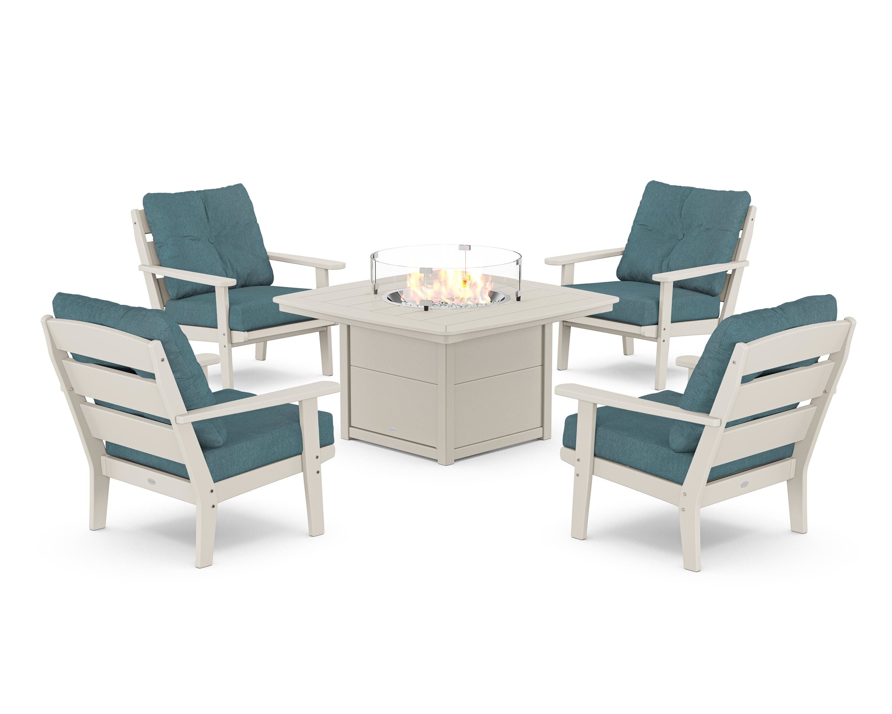 POLYWOOD® Lakeside 5-Piece Deep Seating Set with Nautical Fire Pit Table in Sand / Ocean Teal
