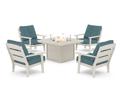 POLYWOOD® Lakeside 5-Piece Deep Seating Set with Nautical Fire Pit Table in Sand / Ocean Teal