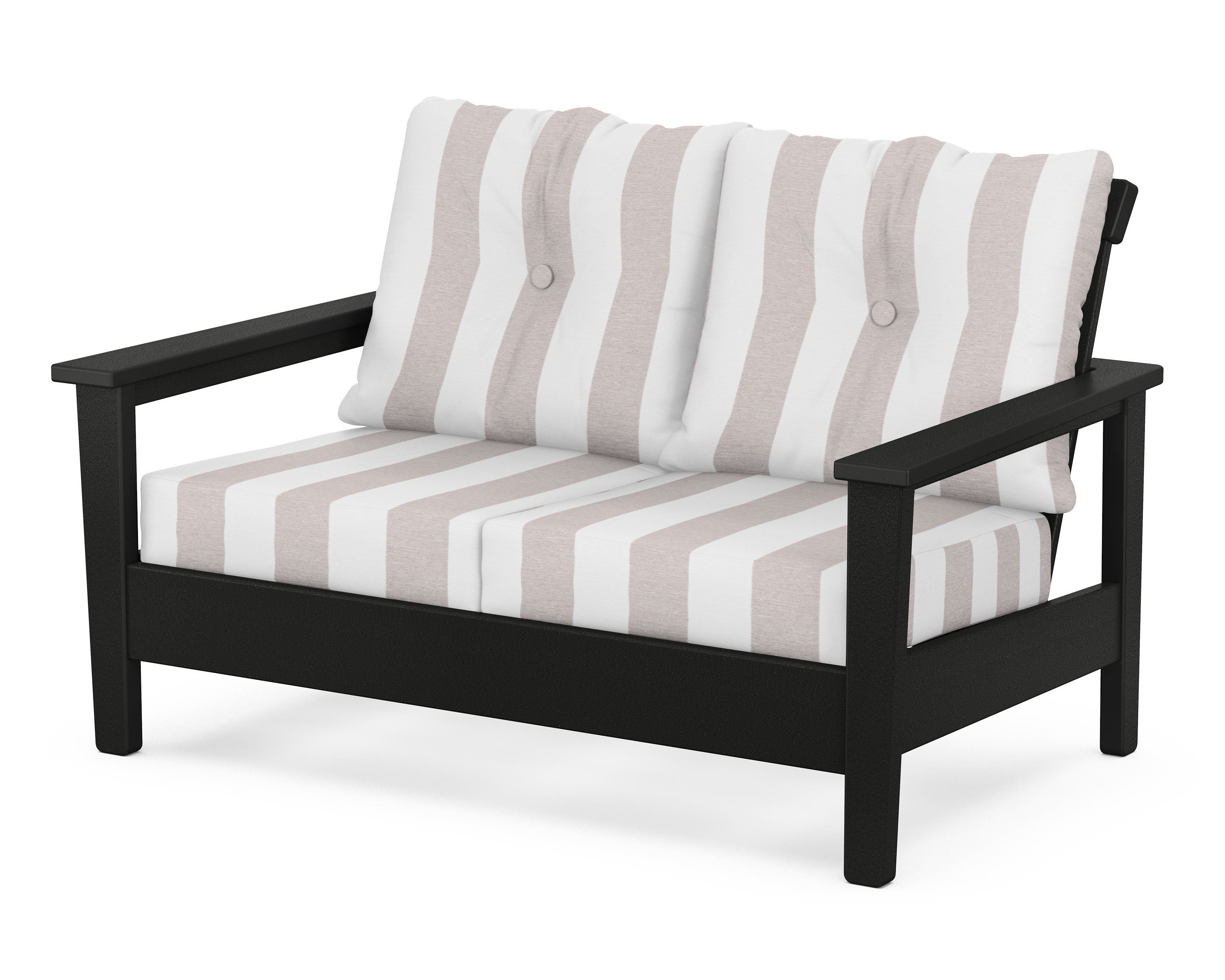 POLYWOOD® Prescott Deep Seating Loveseat in Black / Cabana Stripe Dune Burlap
