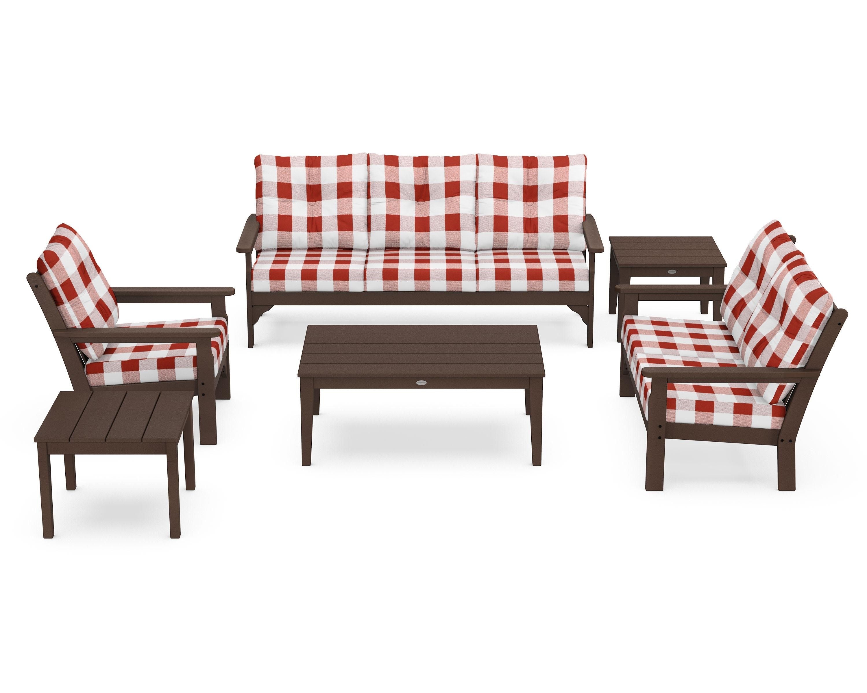POLYWOOD® Vineyard 6-Piece Deep Seating Set in Mahogany / Buffalo Plaid Crimson