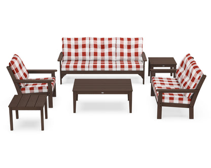 POLYWOOD® Vineyard 6-Piece Deep Seating Set in Mahogany / Buffalo Plaid Crimson