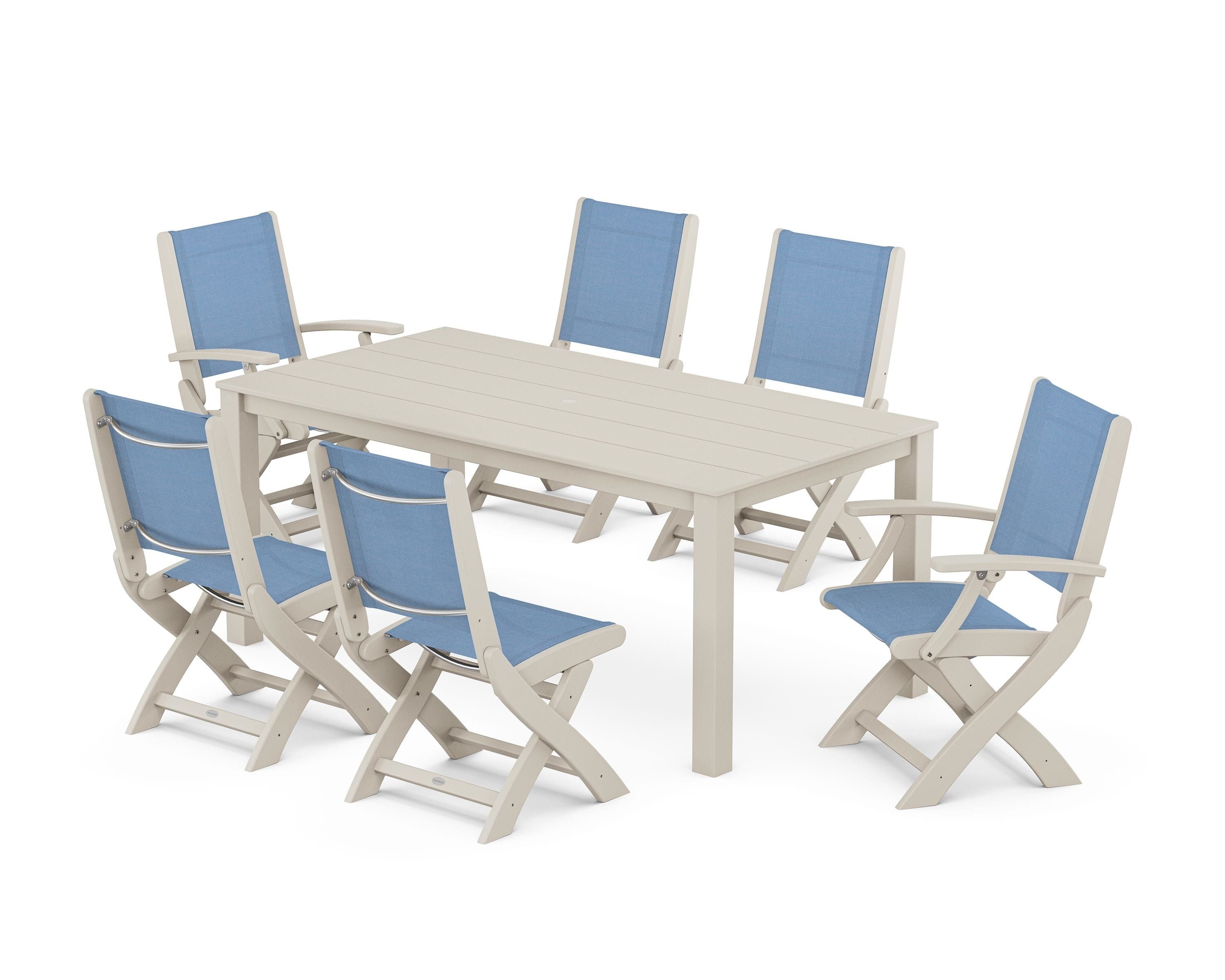 POLYWOOD® Coastal Folding Chair 7-Piece Parsons Dining Set in Sand / Poolside Sling