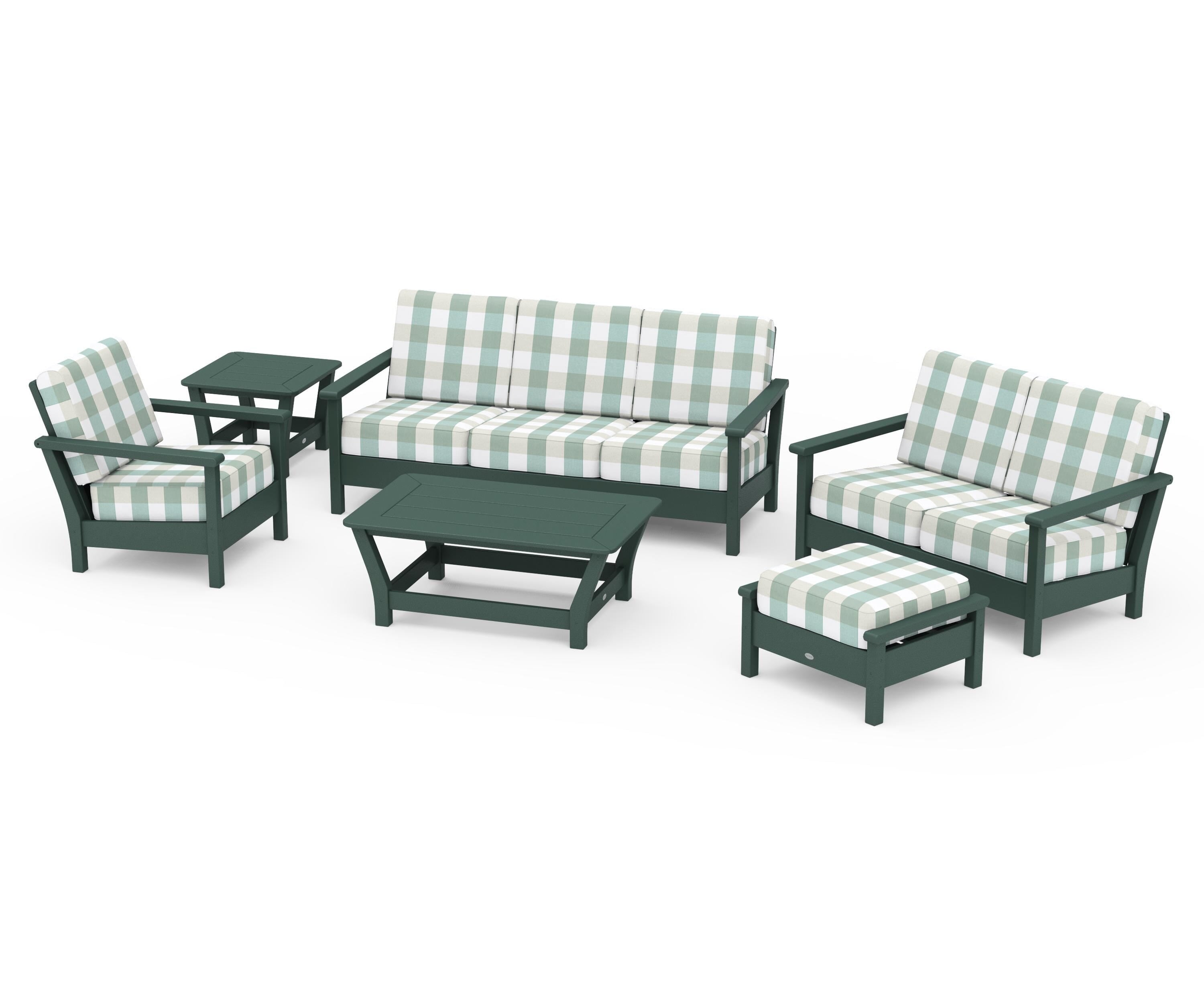 POLYWOOD® Harbour 6-Piece Outdoor Living Set in Green / Buffalo Plaid Glacier Spa
