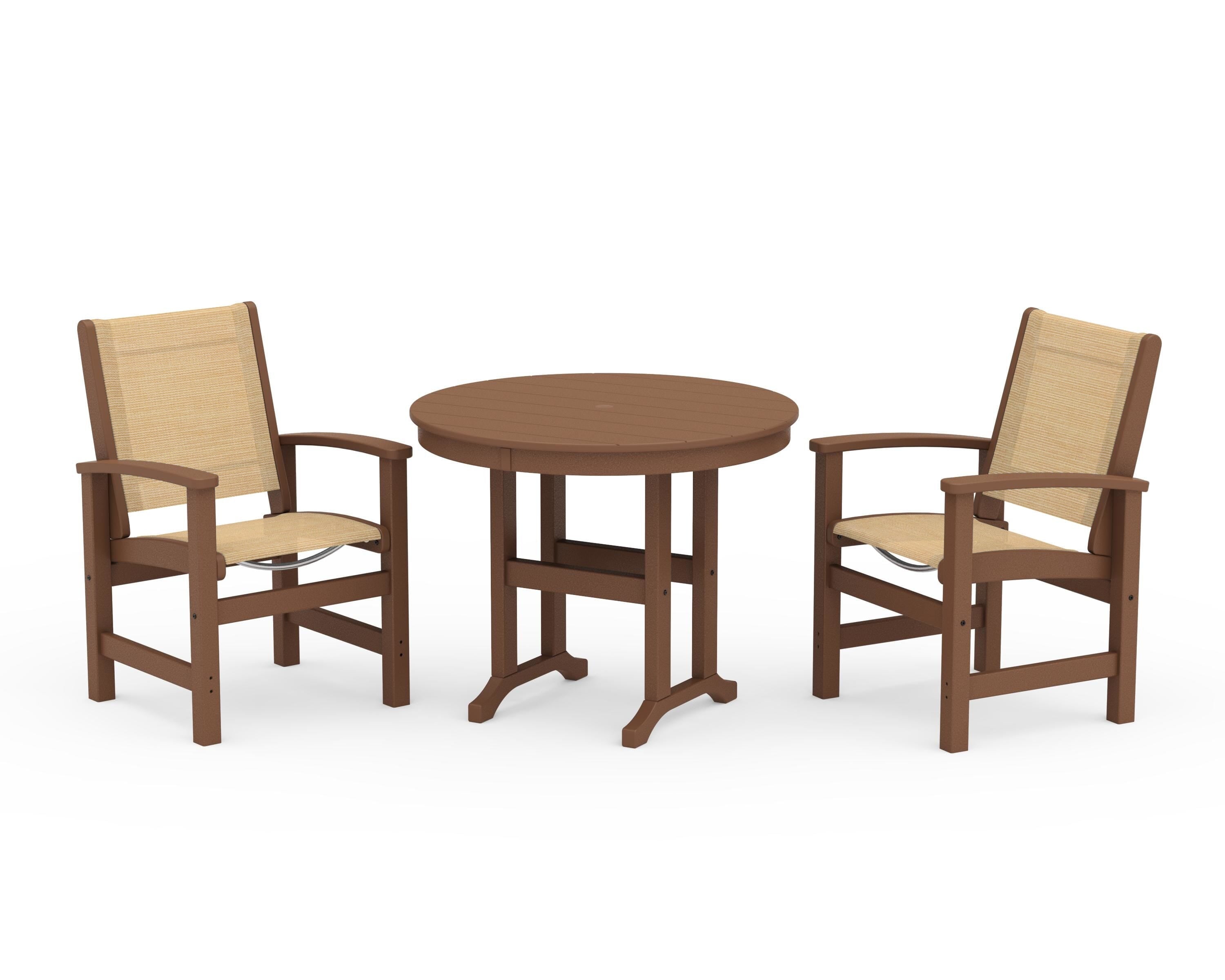 POLYWOOD® Coastal 3-Piece Round Dining Set in Teak / Dupioni Apricot Sling