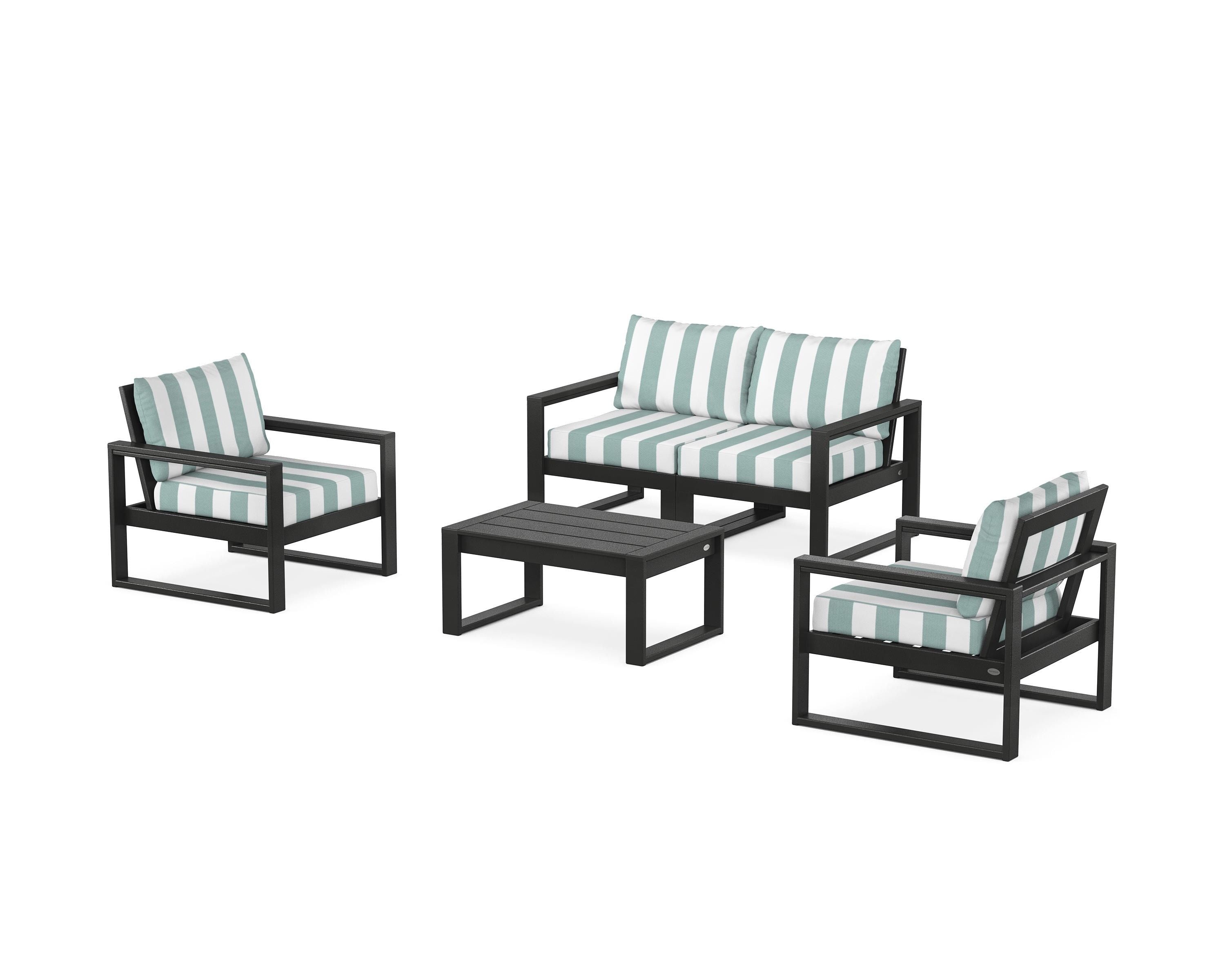 POLYWOOD® EDGE Sectional 4-Piece Deep Seating Set with Loveseat in Black / Cabana Stripe Glacier Spa
