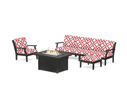 POLYWOOD® Braxton Sectional Lounge and Fire Pit Set in Black / Trellis Crimson
