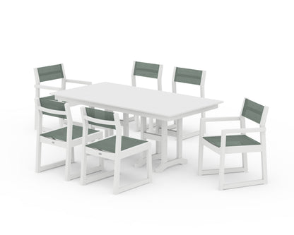 POLYWOOD® EDGE Sling 7-Piece Farmhouse Dining Set in White / Dupioni Sea Mist Sling