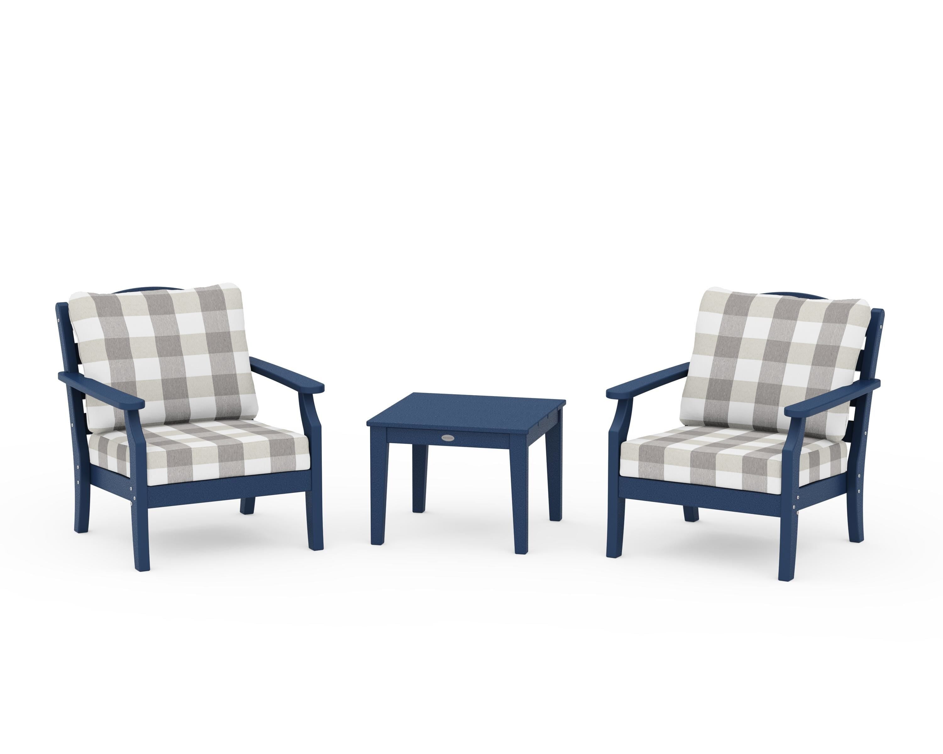 Draper James™ by  POLYWOOD® Savannah 3-Piece Deep Seating Set in Navy / Buffalo Plaid Grey Mist