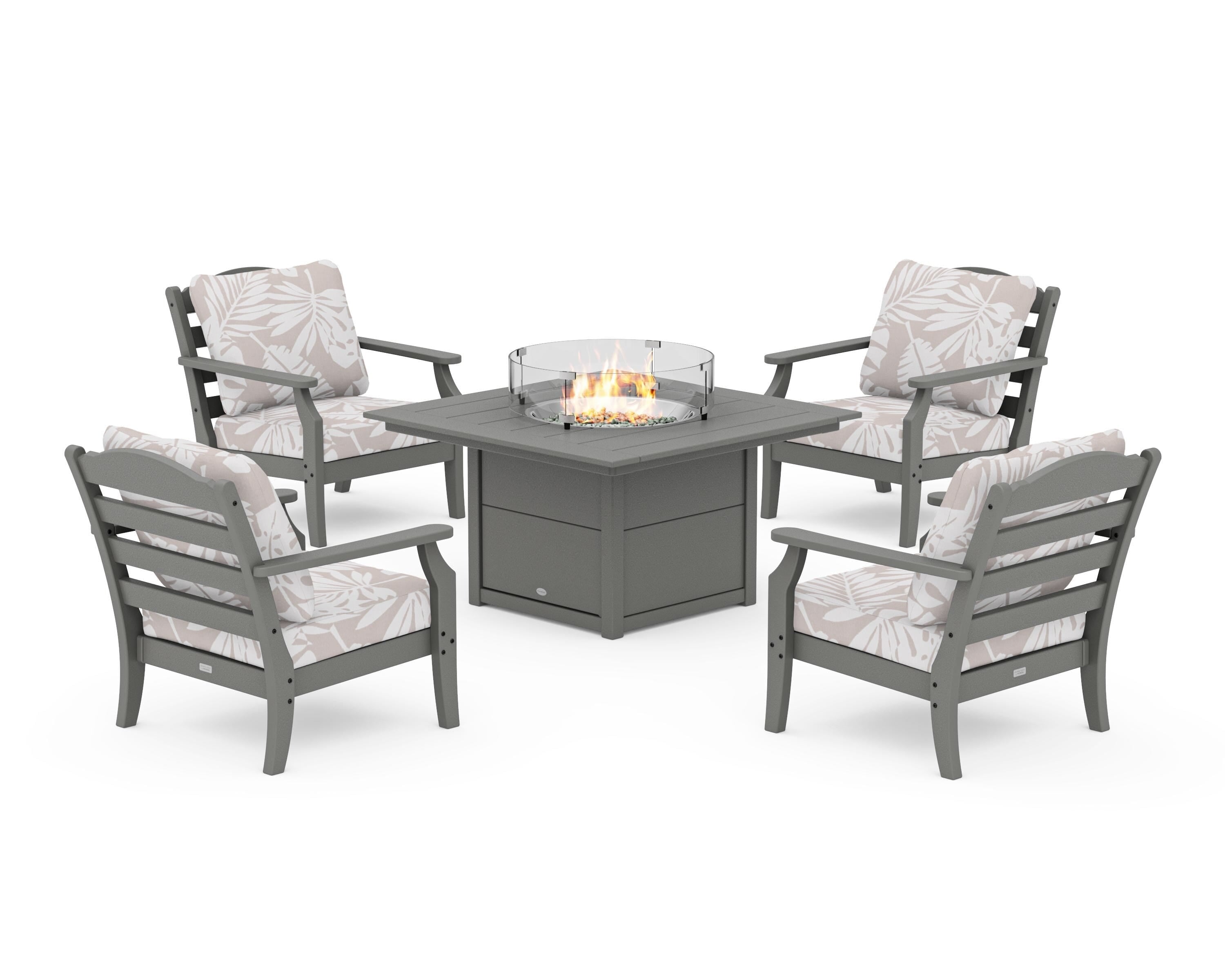 Draper James™ by  POLYWOOD® Savannah 5-Piece Deep Seating Set with Fire Pit Table in Slate Grey / Leaf Dune Burlap