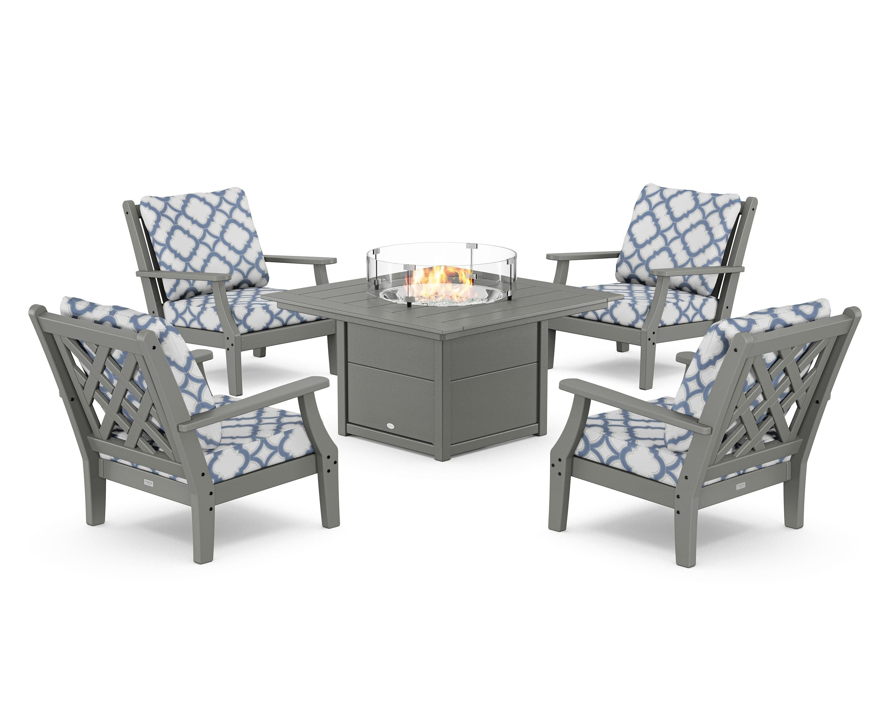 Country Living Wovendale 5-Piece Deep Seating Set with Fire Pit Table in Slate Grey / Trellis Sky Blue