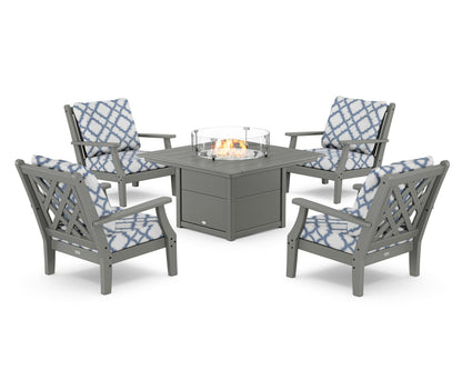 Country Living Wovendale 5-Piece Deep Seating Set with Fire Pit Table in Slate Grey / Trellis Sky Blue