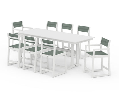 POLYWOOD® EDGE Sling 9-Piece Farmhouse Counter Set with Trestle Legs in White / Dupioni Sea Mist Sling