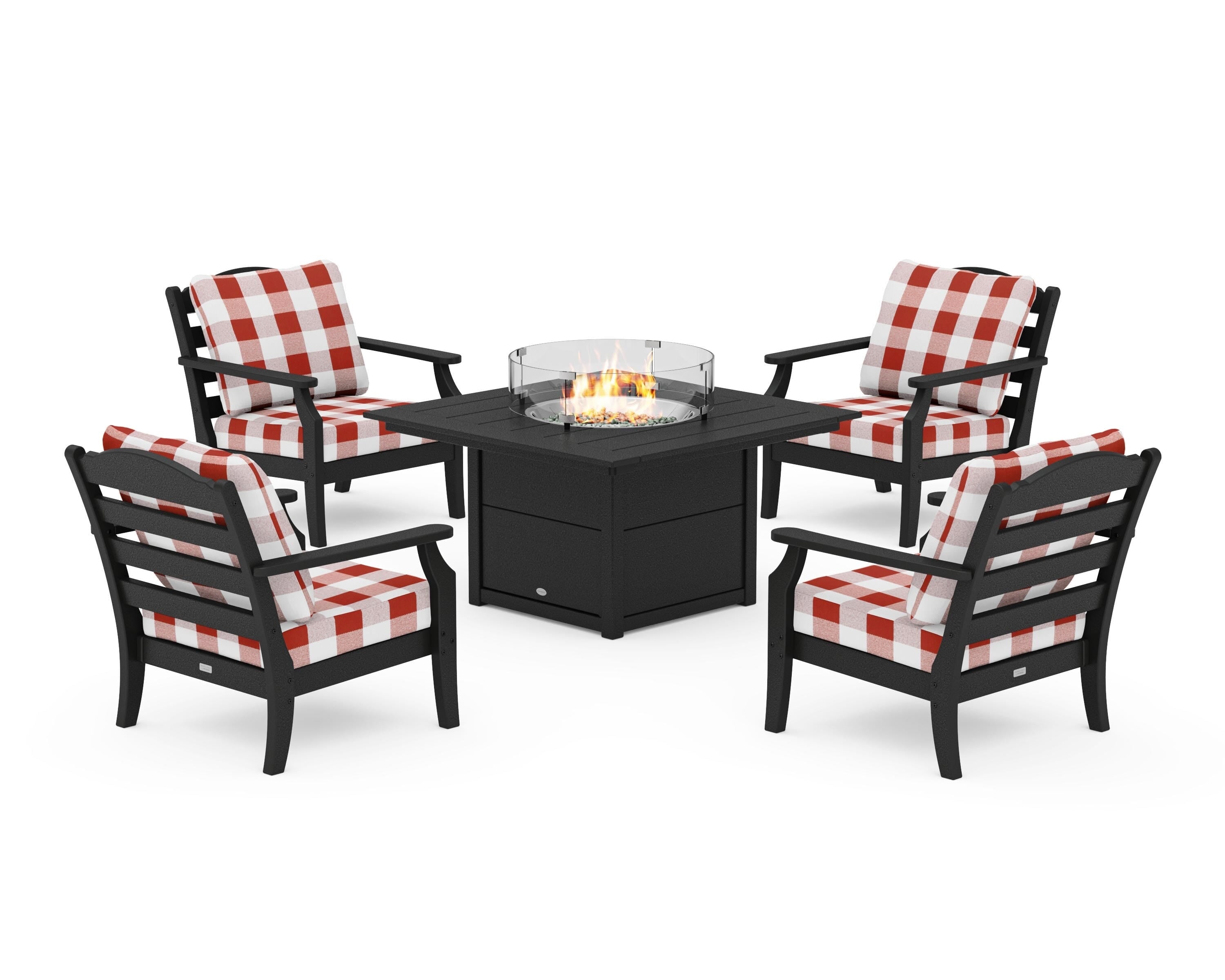 Draper James™ by  POLYWOOD® Savannah 5-Piece Deep Seating Set with Fire Pit Table in Black / Buffalo Plaid Crimson