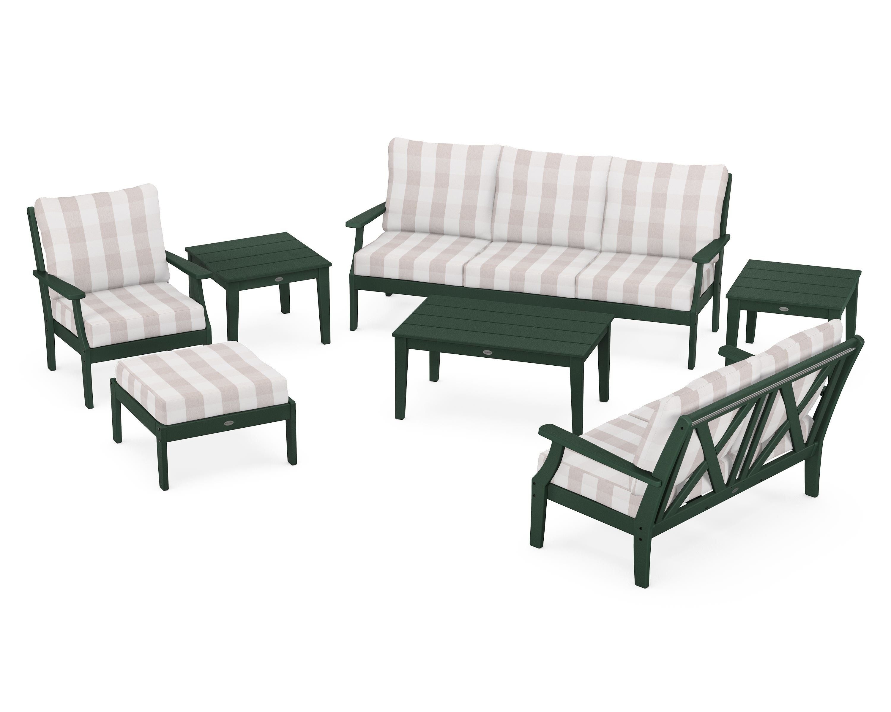 POLYWOOD® Braxton 7-Piece Deep Seating Set in Green / Buffalo Plaid Dune Burlap