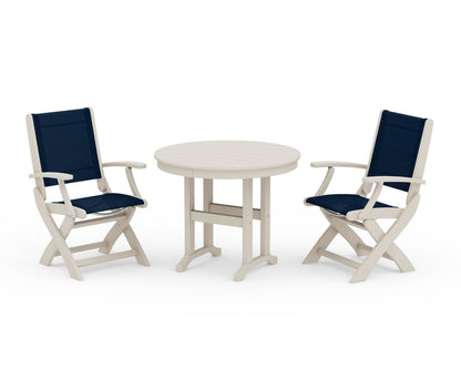 POLYWOOD® Coastal Folding Chair 3-Piece Round Dining Set in Sand / Navy Blue Sling