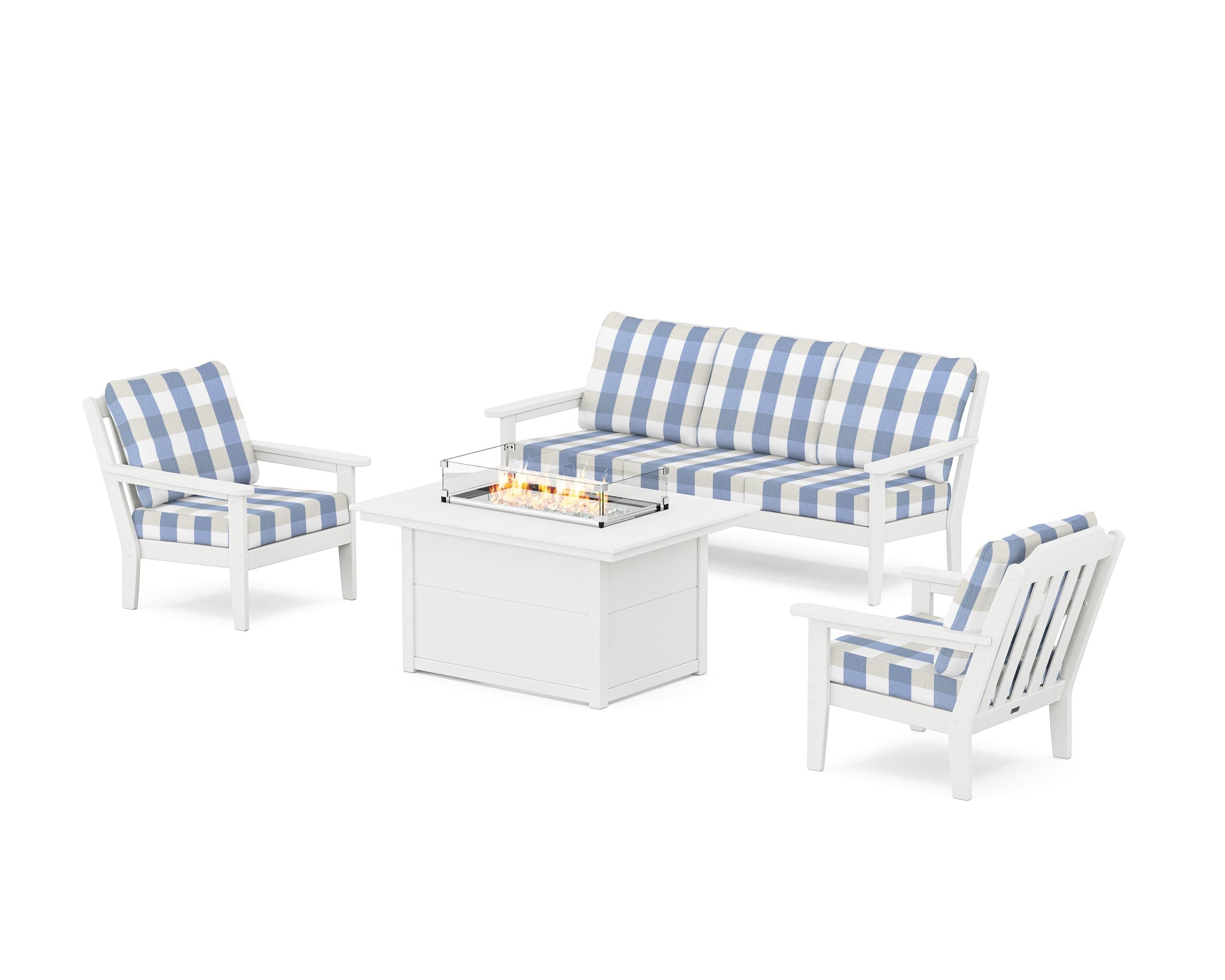 Country Living Cottage Deep Seating Fire Pit Table Set in White / Buffalo Plaid Sky Blue