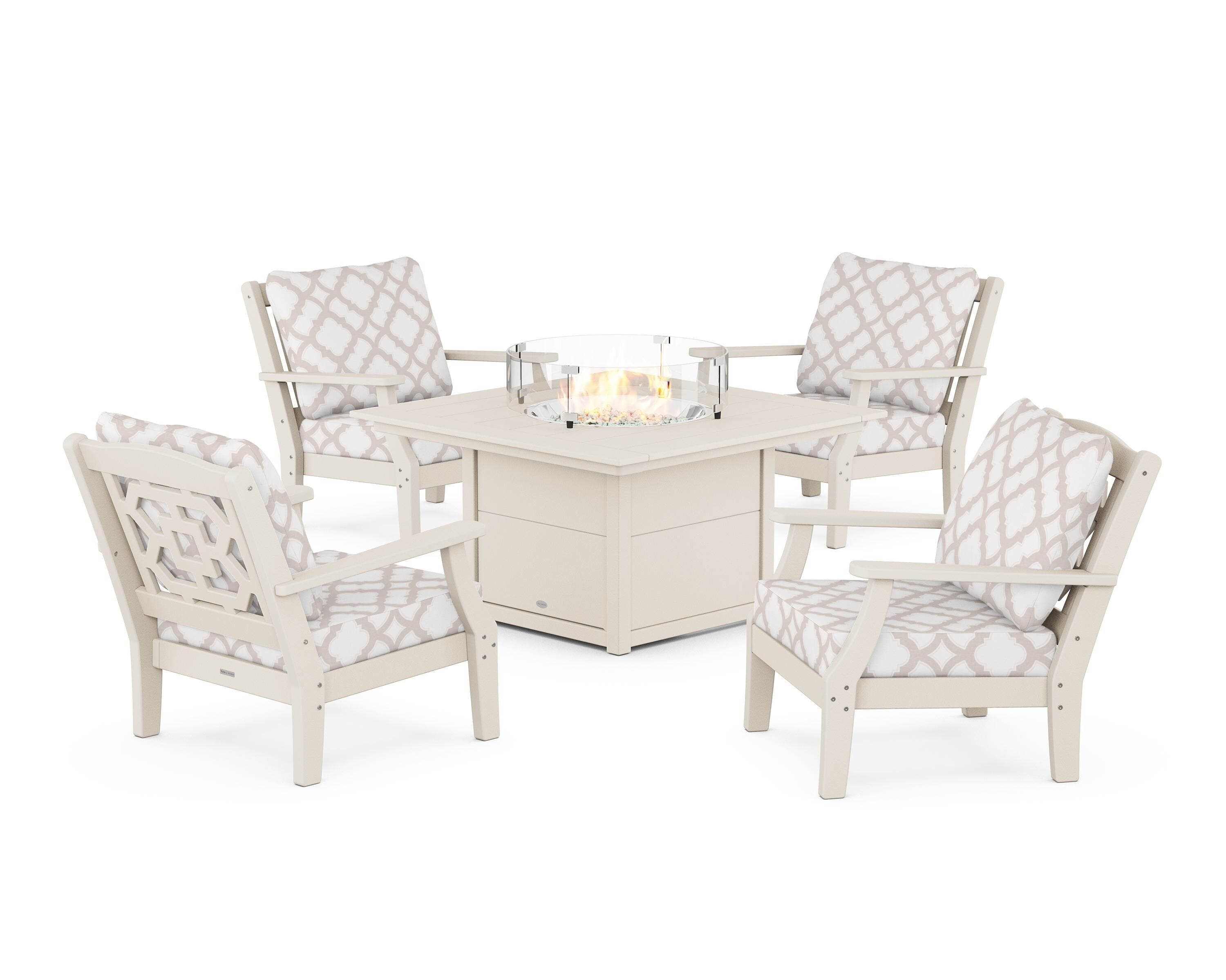 Martha Stewart by POLYWOOD® Chinoiserie 5-Piece Deep Seating Set with Fire Pit Table in Sand / Trellis Dune Burlap