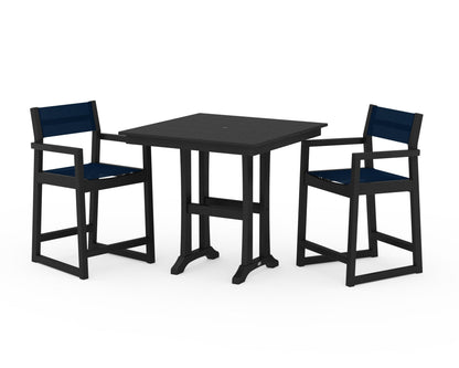 POLYWOOD® EDGE Sling Arm Chair 3-Piece Farmhouse Counter Set with Trestle Legs in Black / Navy Blue Sling