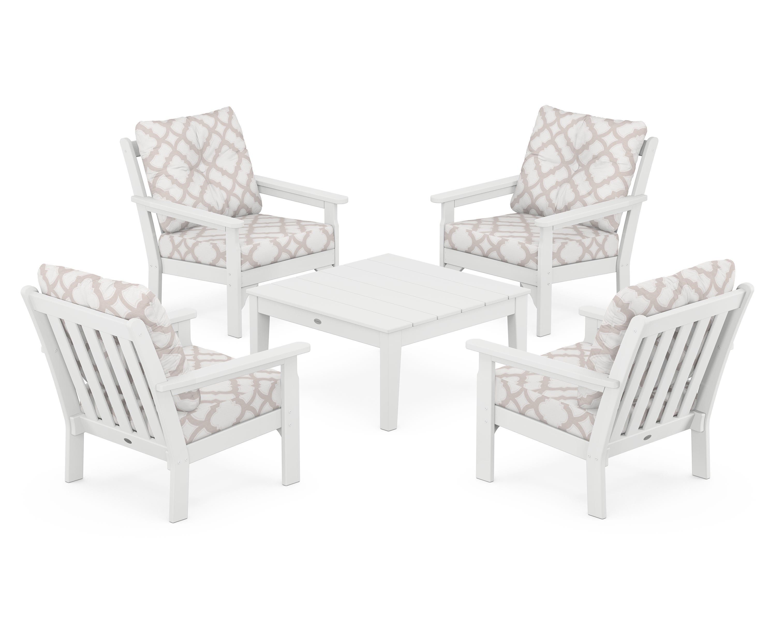 POLYWOOD® Vineyard 5-Piece Deep Seating Conversation Set in White / Trellis Dune Burlap