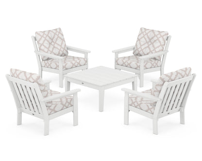 POLYWOOD® Vineyard 5-Piece Deep Seating Conversation Set in White / Trellis Dune Burlap