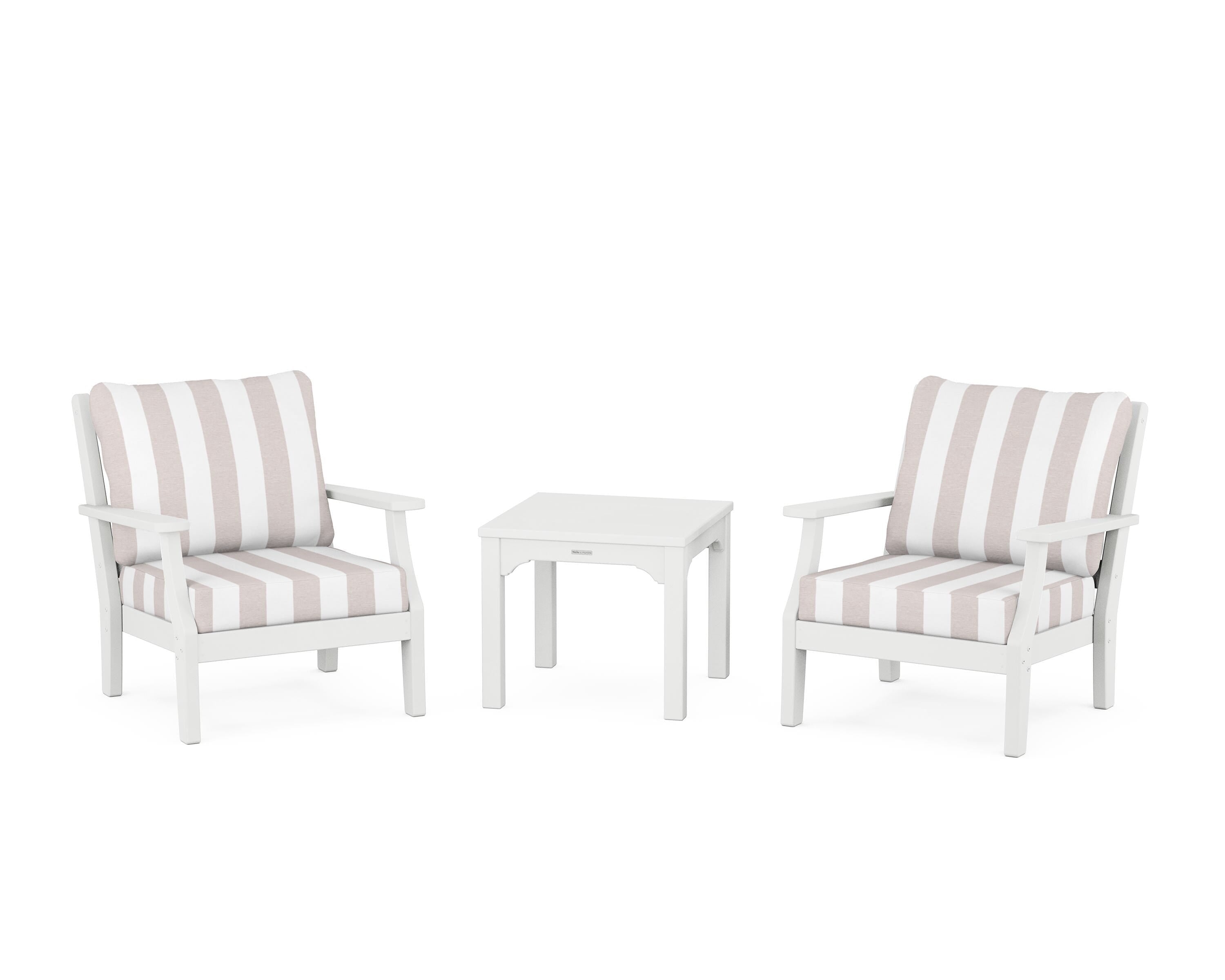 Martha Stewart by POLYWOOD® Chinoiserie 3-Piece Deep Seating Set in White / Cabana Stripe Dune Burlap