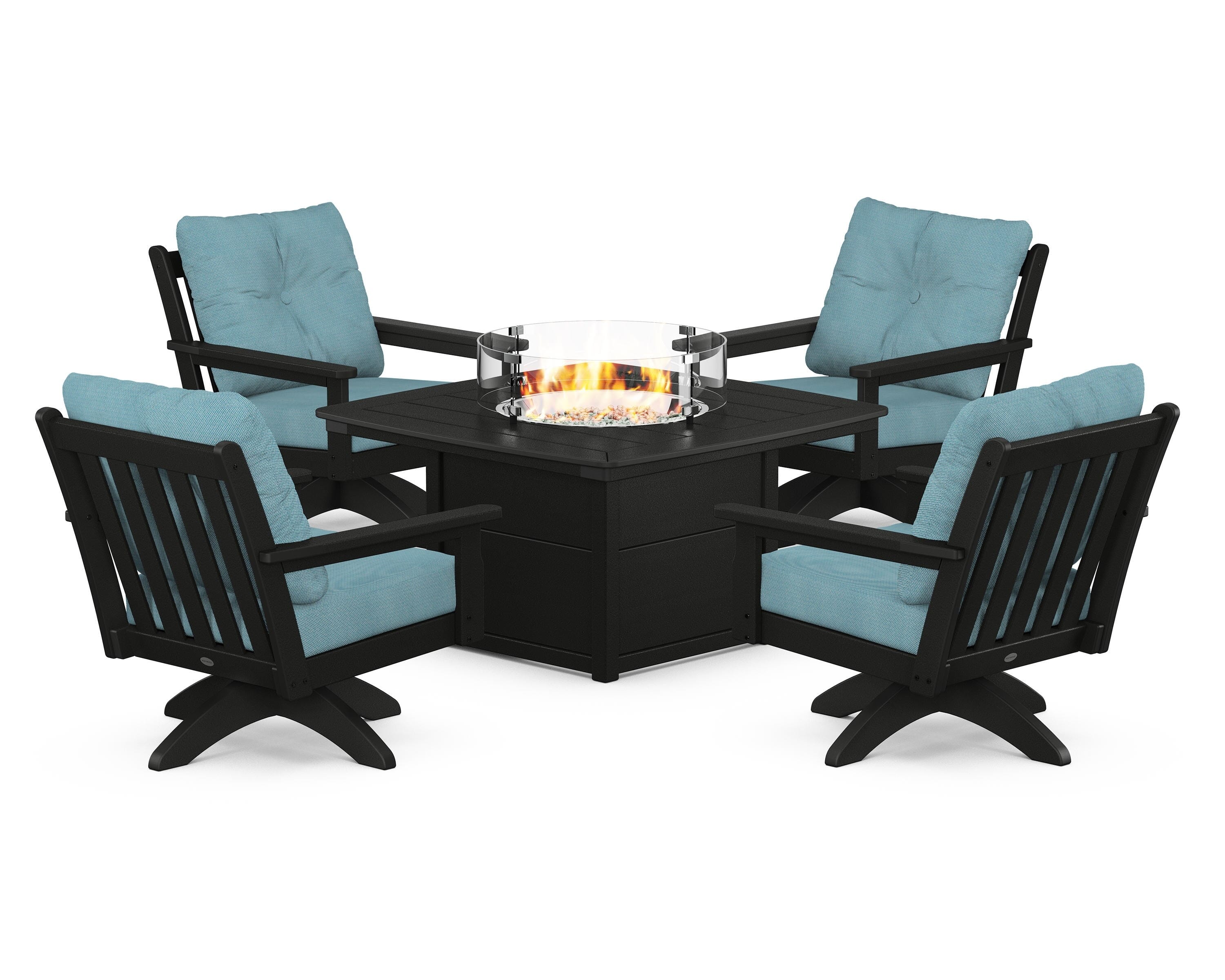POLYWOOD® Vineyard 5-Piece Deep Seating Swivel Conversation Set with Fire Pit Table in Black / Lattice Sky Blue