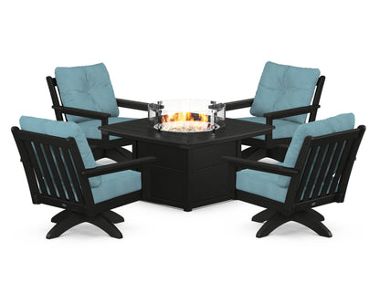 POLYWOOD® Vineyard 5-Piece Deep Seating Swivel Conversation Set with Fire Pit Table in Black / Lattice Sky Blue