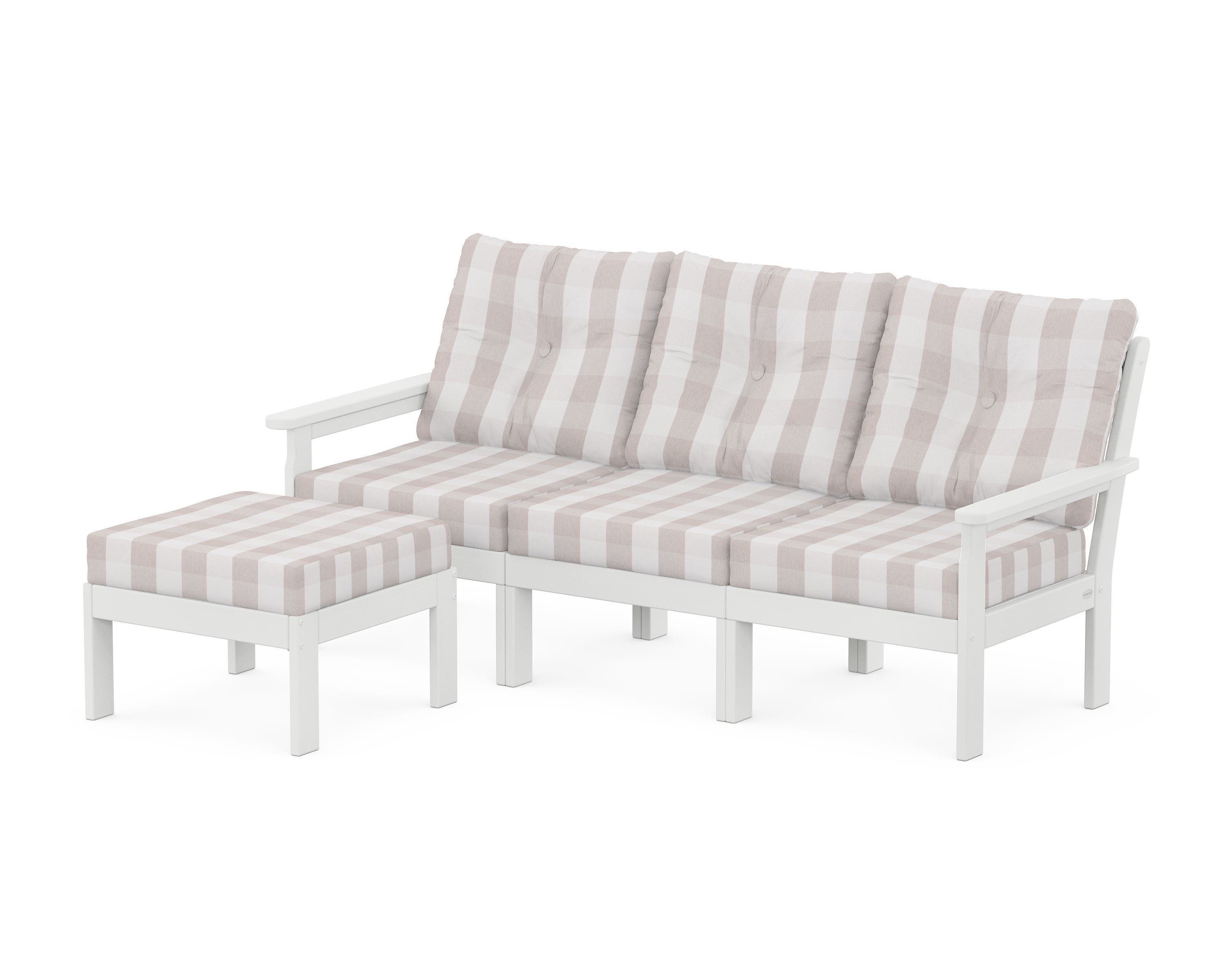 POLYWOOD® Vineyard 4-Piece Sectional with Ottoman in White / Buffalo Plaid Dune Burlap