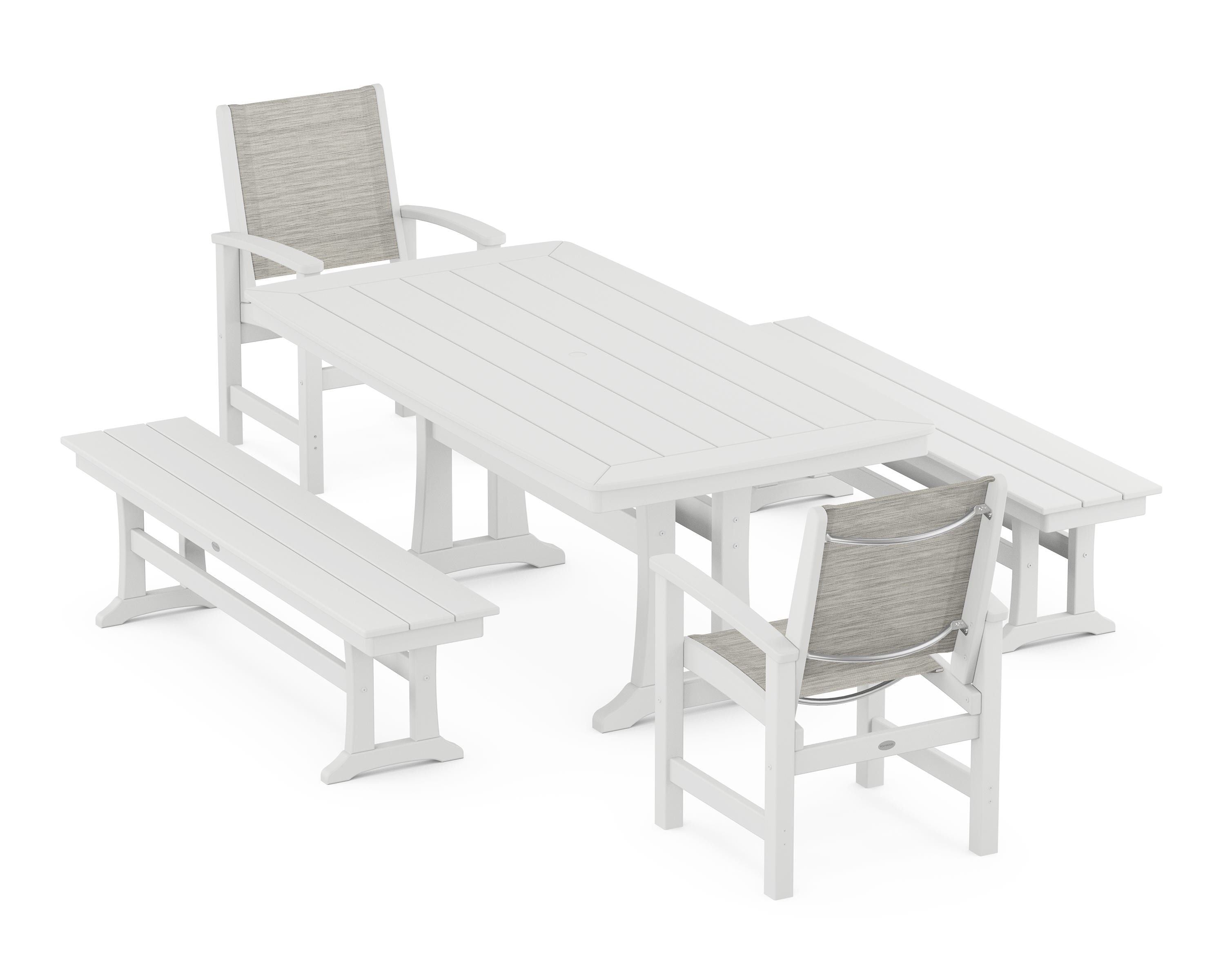 POLYWOOD® Coastal 5-Piece Dining Set with Trestle Legs and Benches in White / Birch Sling