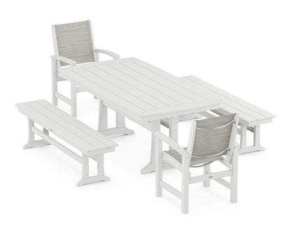 POLYWOOD® Coastal 5-Piece Dining Set with Trestle Legs and Benches in White / Birch Sling