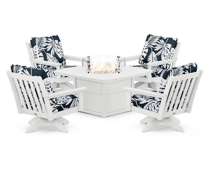 POLYWOOD® Vineyard 5-Piece Deep Seating Swivel Conversation Set with Fire Pit Table in White / Leaf Marine Indigo
