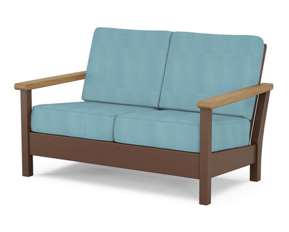 POLYWOOD® Harbour Deep Seating Loveseat in Mahogany / Natural / Lattice Sky Blue