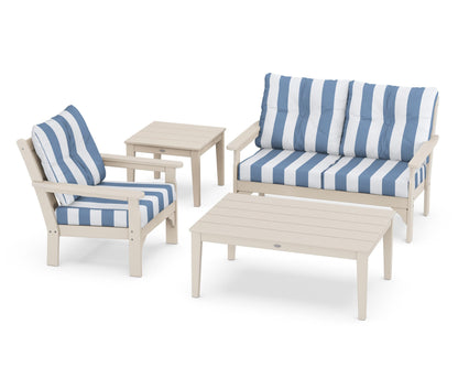 POLYWOOD® Vineyard 4-Piece Deep Seating Set in Sand / Cabana Stripe Sky Blue