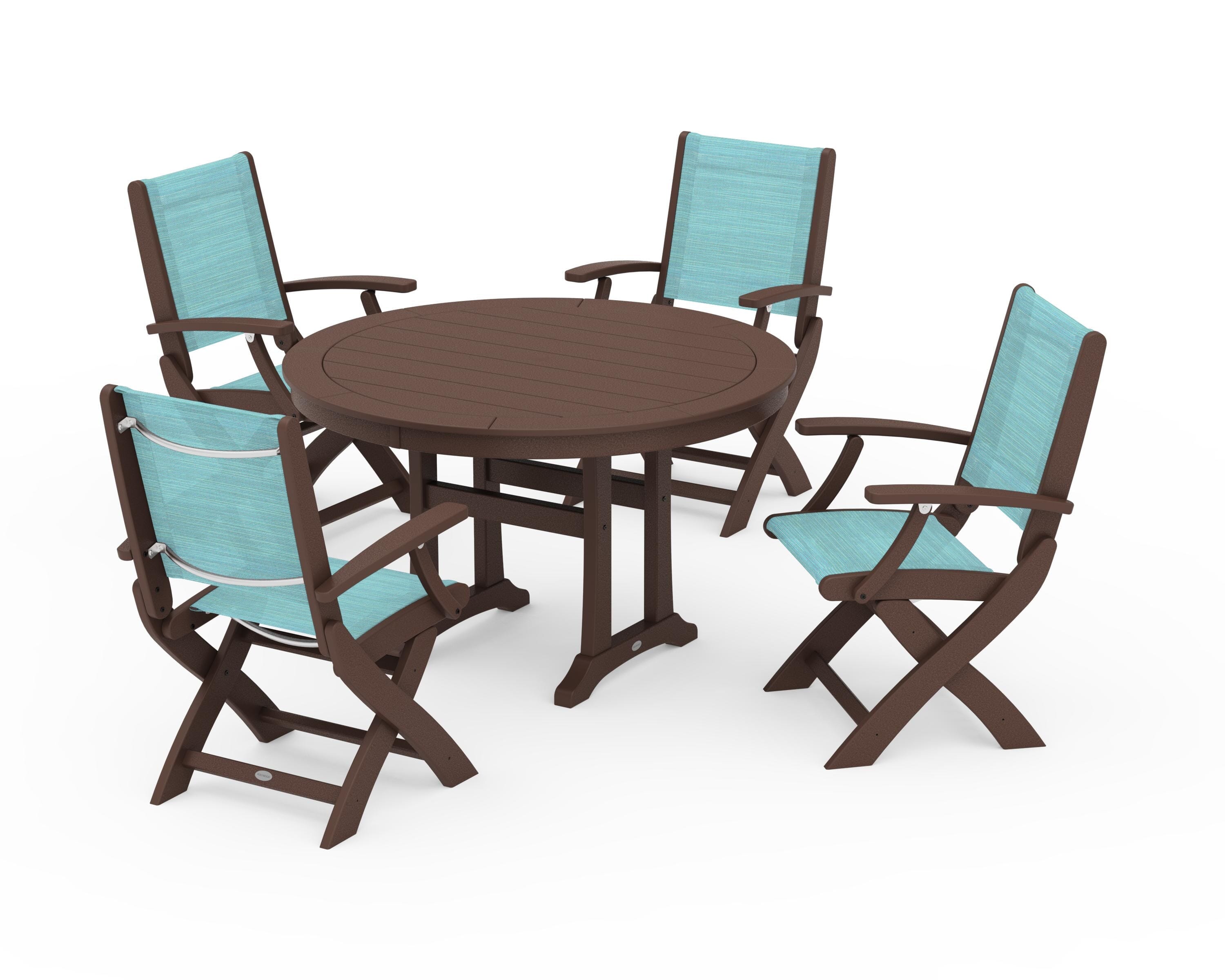 POLYWOOD® Coastal Folding Chair 5-Piece Round Dining Set with Trestle Legs in Mahogany / Dupioni Aquamarine Sling