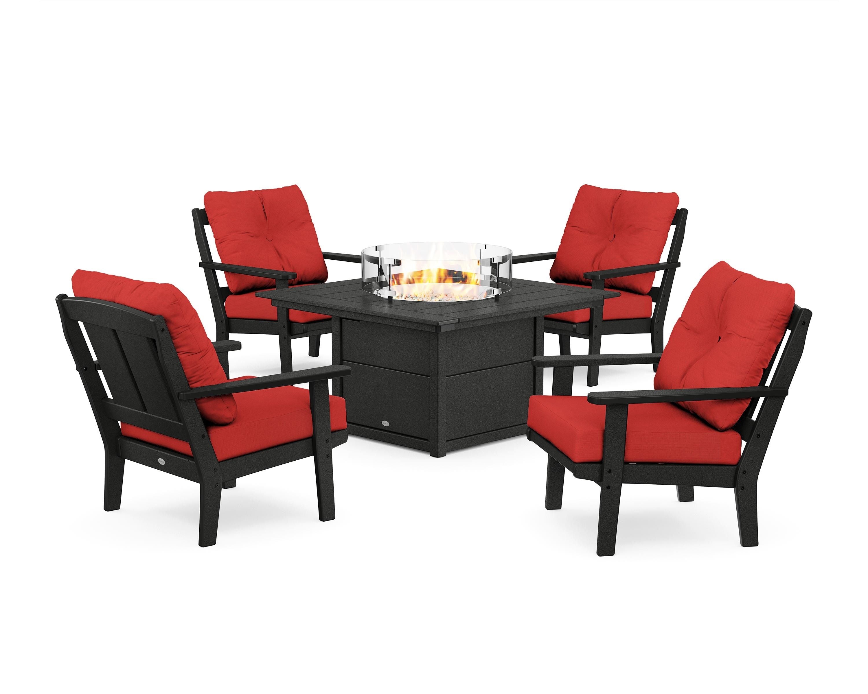 POLYWOOD® Mission 5-Piece Deep Seating Set with Fire Pit Table in Black / Crimson Linen