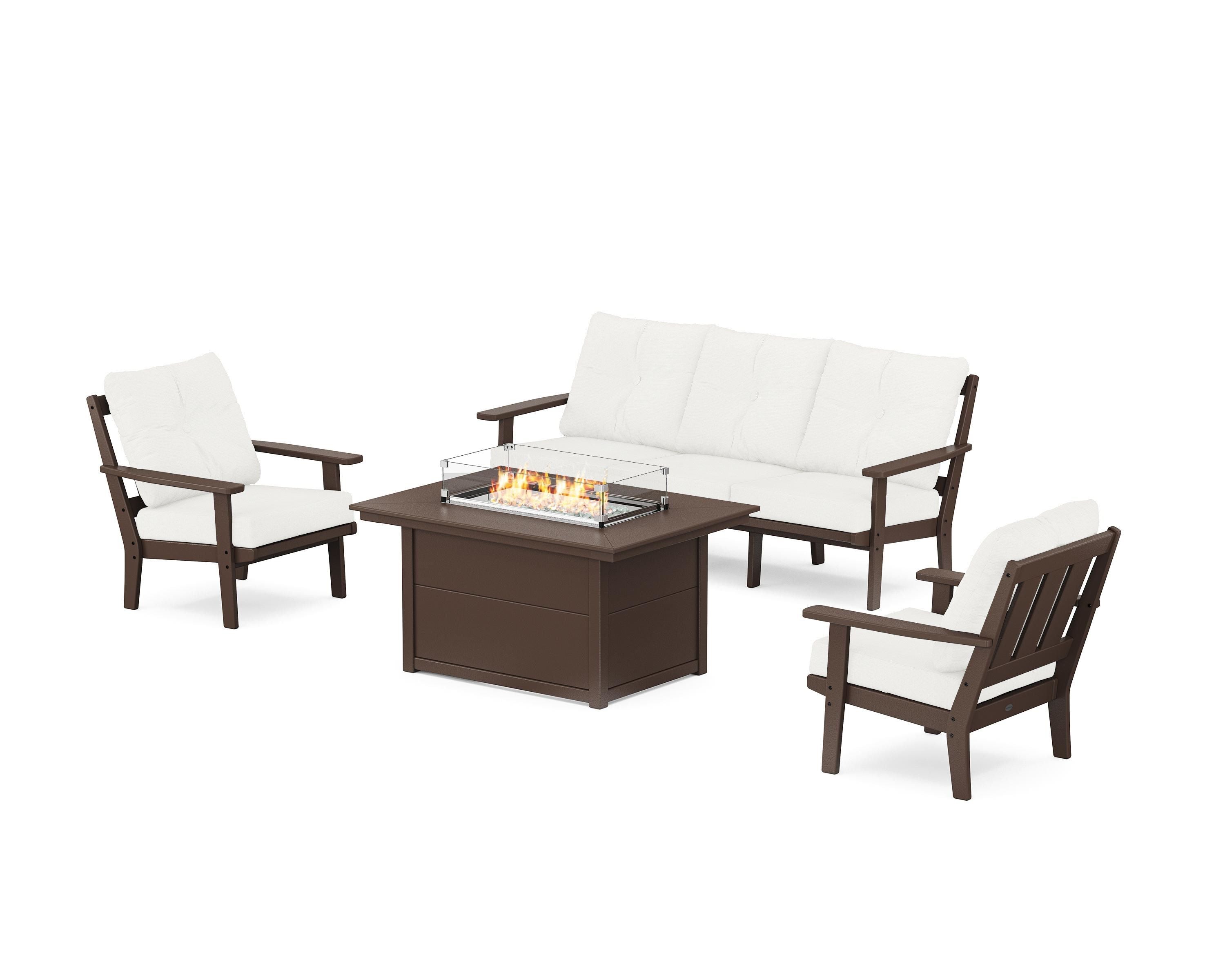 POLYWOOD® Oxford Deep Seating Fire Pit Table Set in Mahogany / Natural Linen