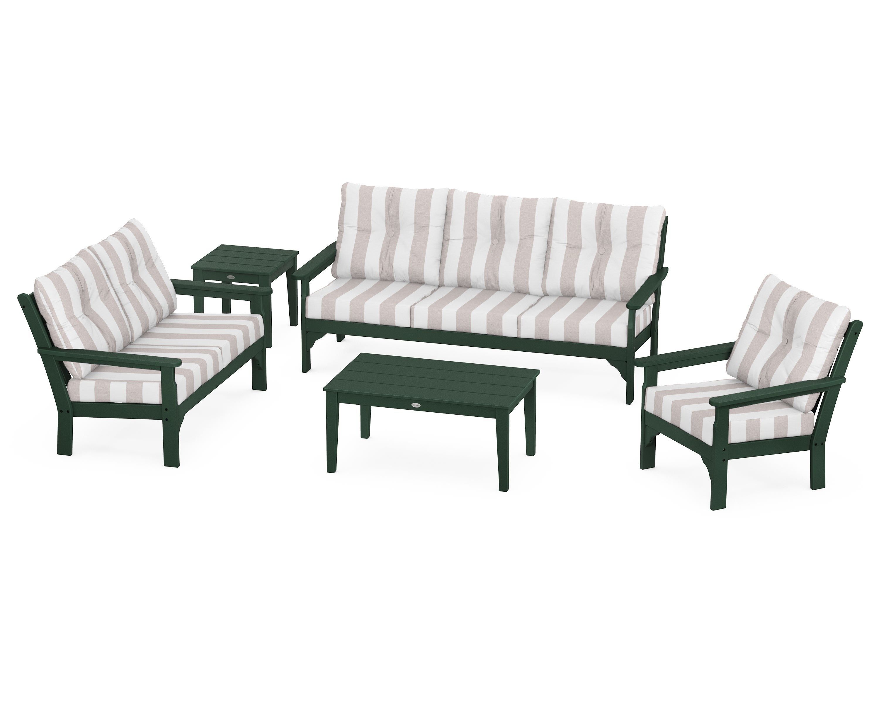 POLYWOOD® Vineyard 5 Piece Deep Seating Set in Green / Cabana Stripe Dune Burlap